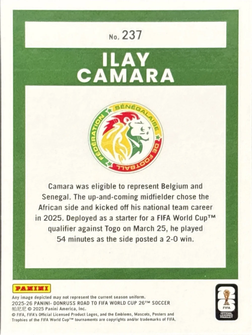 Panini Optic World Cup Rated Rookie Soccer Trading Card - Ilay Camara